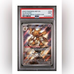 2025 POKEMON MEP EN-ME BLACKSTAR PROMO#009 ALAKAZAM MEG ETB-MEGA GARDEVOIR PSA 9